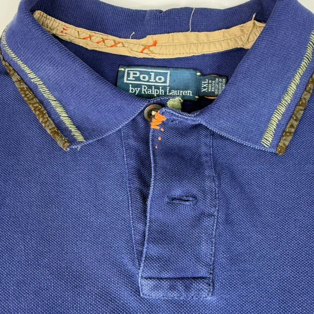 Rare Vintage Polo Ralph Lauren Beaded Distressed Polo Shirt XXL Custom Fit Blue